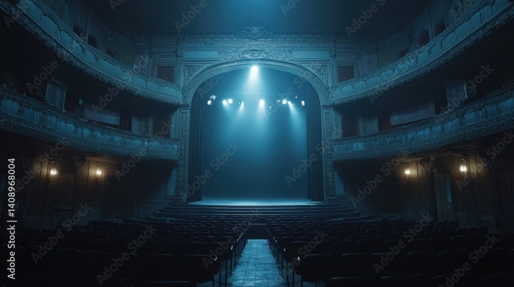 Poster a theater with an empty stage under a spotlight and rows of vacant seats surrounding it