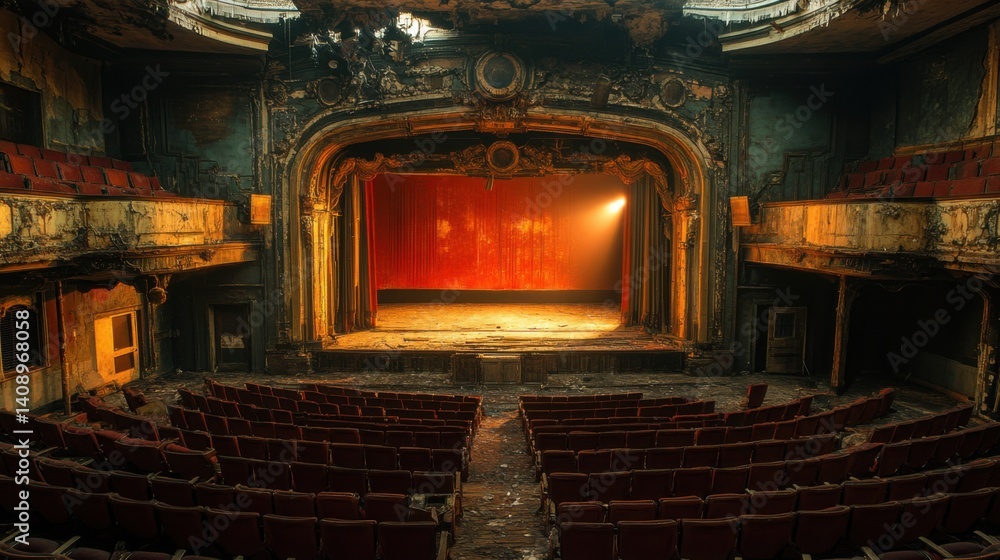 Poster a theater with an empty stage under a spotlight and rows of vacant seats surrounding it