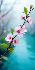Obraz premium Cherry Blossom Branch with White Petals, Pink Buds, and Green Leaves on Light Blue Background – Delicate Spring Floral Composition