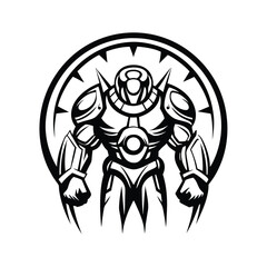 Detailed Black and White Mechanical Robot Silhouette with Circular Outline Design