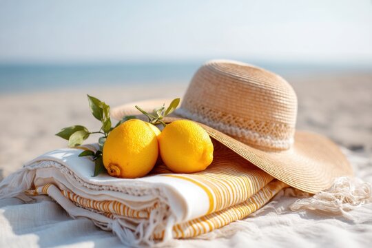 Two lemons resting on a towel beside the beach, showcasing a refreshing summer vibe, Hello Summer background.