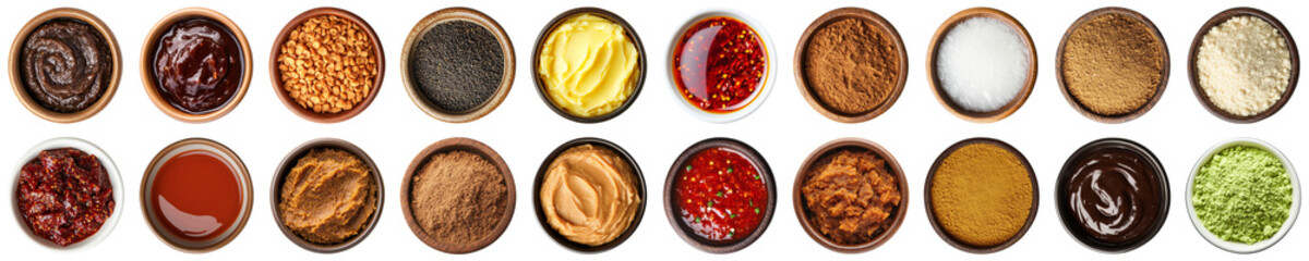 A Colorful Array of Various Sauces and Seasonings Displayed in Small Bowls on a White Background for Culinary Inspiration. Piquant food set.