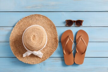 A close-up view of a hat, sunglasses, and flip flops on a vibrant background, Hello Summer background.