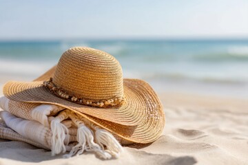 Arafly hat and towel resting on the beach with a scenic ocean backdrop, Hello Summer background.