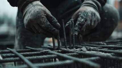A construction worker securing rebar for foundation work. Featuring precision and expertise