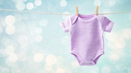 A lightweight purple baby onesie is displayed on a clothesline, softly swaying with a gentle breeze amidst a dreamy blue backdrop