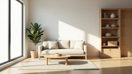 Fototapeta premium Bright and airy minimalist living room featuring clean lines and modern design elements for a cozy environment