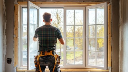 Carpenter installing window frames on a construction site. Featuring precision and detail