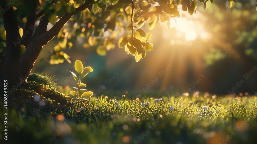 Poster majestic tree with sunlight filtering through beautiful green leaves creating a serene natural setti