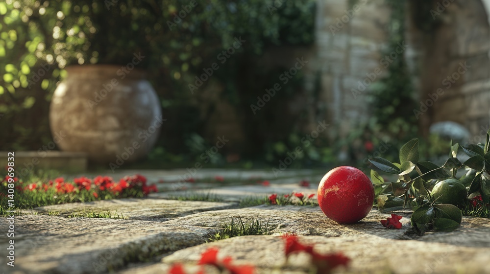 Poster Striking red resting on a rough stone floor creating a captivating visual contrast of color and texture
