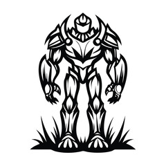 Black Silhouette of Futuristic Robot Standing Tall with Intricate Details and Sharp Edges