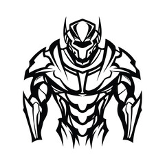 Minimalist Silhouette of a Robot Warrior with Futuristic Armor on White Backdrop