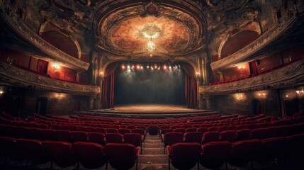 An abandoned theater with scattered seats and a stage devoid of any actors or performances 