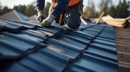 A construction worker securing roofing tiles on a building. Featuring skill and safety