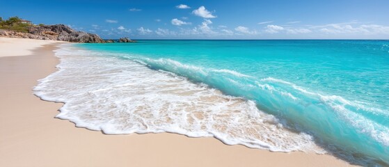 Arafly beach features a wave rolling gently onto the sandy shore, Hello Summer background.