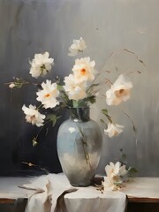 Beautiful white flowers in vase. Artwork	