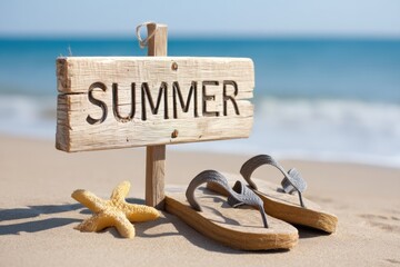 Sandals beside a sign on a beach with the ocean waves in the background, Hello Summer background.