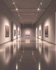 Empty art gallery blank wall focused spotlight awaiting exhibit gallery minimalist symmetrical polished floor soft lighting atmosphere filled anticipation artwork displayed ideal illustrating