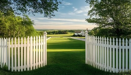 White picket fence and luscious green lawn and greenery landscape; dream of owning a white picket fence home with green luscious grass; a dream scenario for ; house landscape, 