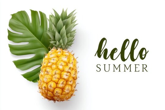 A pineapple with a leaf and the phrase hello summer captures a vibrant summer vibe, Hello Summer background.