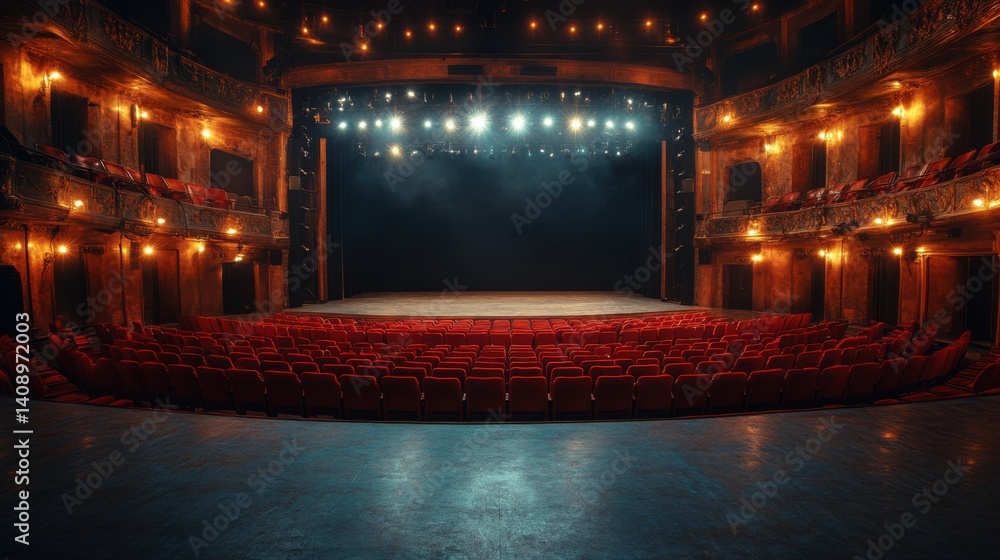 Poster an empty theater with a large empty stage and surrounding seats, reflecting the calm before the show