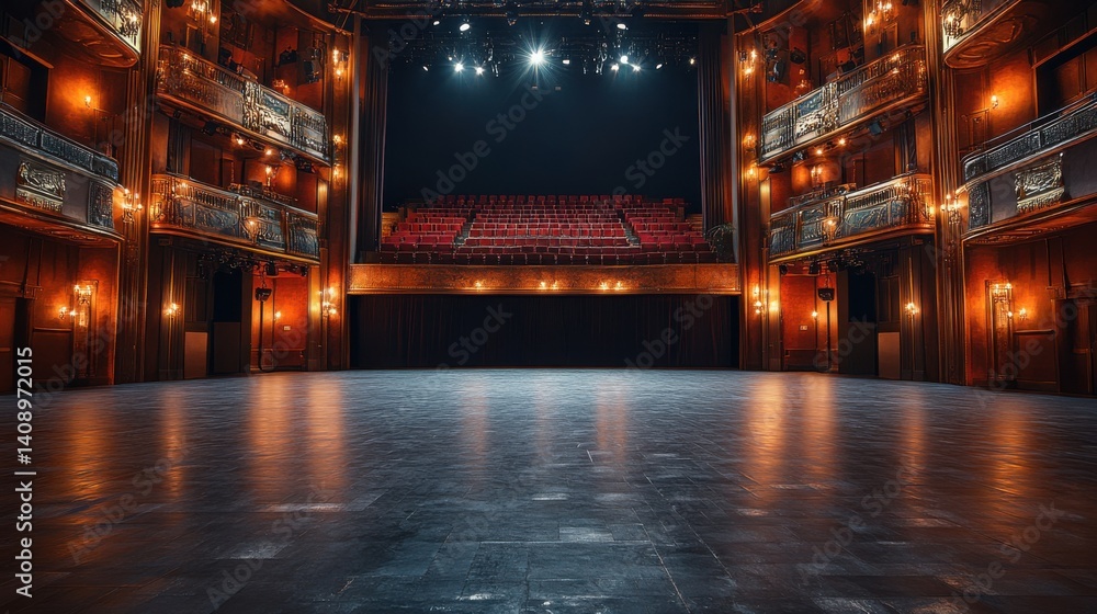 Poster an empty theater with a large empty stage and surrounding seats, reflecting the calm before the show