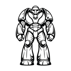 Strong Outlined Robot Warrior Stance, Bold Monochrome Art, SciFi Concept, Heavy Armor