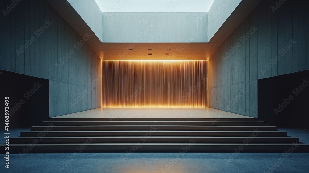 Poster an empty theater with simple modern architecture, clean lines, and a minimalist stage