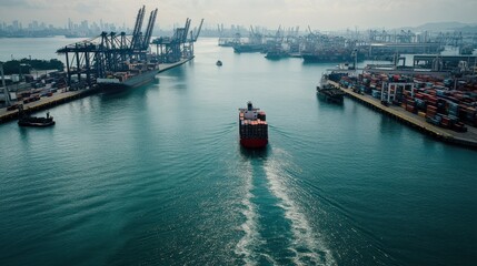 Investment Opportunities Concept. A cargo ship navigates a busy port, surrounded by cranes and shipping containers, set against an urban skyline in the background.