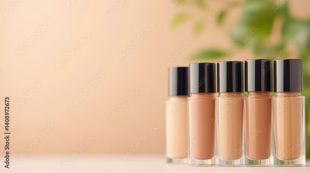 Poster multiple bottles of foundation in different shades arranged neatly on a table with a blurred backgro