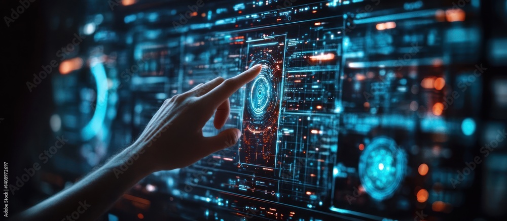 Poster futuristic interface: a hand interacting with a high-tech digital display