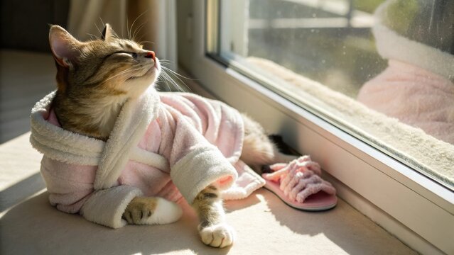 Pet Grooming A cat in a bathrobe relaxes by the window, enjoying the sunlight.