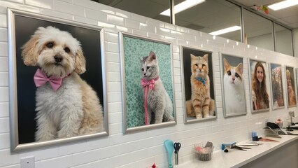 Pet Grooming Pets adorned in portraits hang on a wall in a grooming salon, showcasing their playful personalities.
