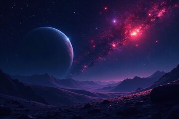 Mysterious dark space with glowing red and blue stars and a lone planet in the distance, galaxies, cosmos