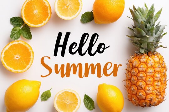 A circle arrangement of pineapple, lemons, and oranges showcases vibrant fruits, Hello Summer background.