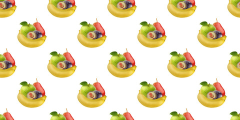 Obraz premium Seamless pattern of bananas, apples, pears and plums forming a healthy and colorful design