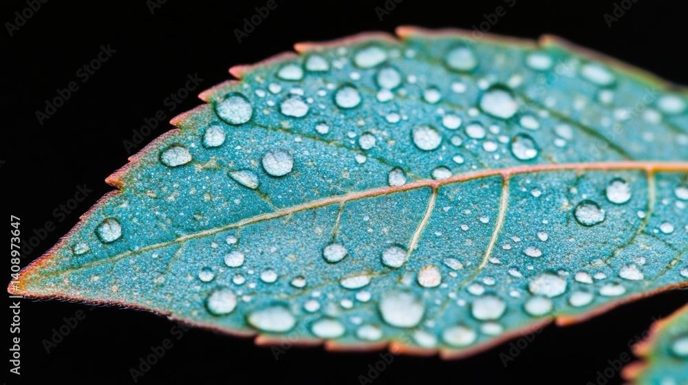 Poster white droplets of water are clinging to a green leaf surface, creating a glittering effect in a calm