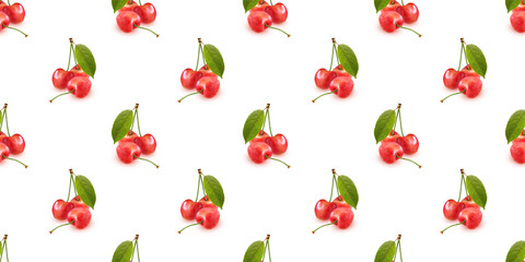 Seamless pattern of ripe red cherries with green leaves on white background