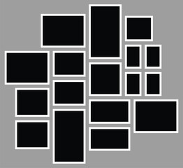 Modern Collage Photo Frame Layout Mockup. Contemporary Wall Gallery Design with Symmetrical Frame Arrangement, Mood Board Template for Interior D&eacute;cor, Portfolio Showcases, Web Banners and Presentation