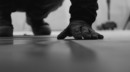A construction worker smoothing the surface of a concrete slab. Featuring attention to detail and precision