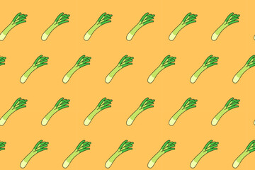 leek vegetable colorful pattern on yellow background. doodle leek kate symbol seamless pattern background. fresh leeks seamless pattern for farmer, agricultural, groceries, vegan