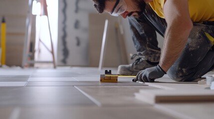 A construction worker using a laser level to align floor tiles. Featuring precision and care