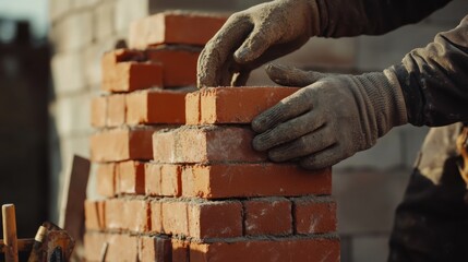 A construction worker stacking bricks for a wall. Featuring masonry and brick stacking