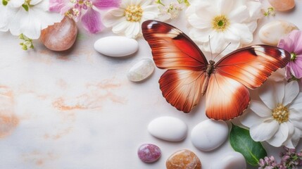 A vibrant butterfly with orange wings is perched on delicate flowers surrounded by smooth stones in a tranquil garden