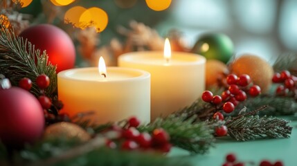 Two glowing candles sit among pine branches and festive ornaments, creating a warm atmosphere for the holiday season