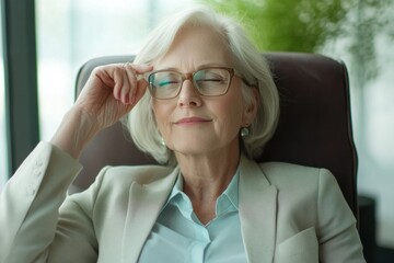 Corporate manager enjoying a moment of relaxation after retirement in a modern office setting, Corporate lady manager pensioner takes off glasses relaxing