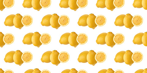 Fresh lemons and slices creating vibrant seamless pattern on white background