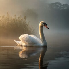 Fototapeta premium White swan in the foggy lake at the dawn. Morning lights. Romantic background. Beautiful swan. Cygnus. Romance of white swan with clear beautiful landscape.