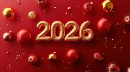 Colorful decorations mark the arrival of the New Year 2026, featuring golden balloons and festive ornaments scattered on a bright red surface