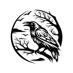 Silhouette Raven Perched Tree Branch Round Frame, Clouds, Bats, Black And White Icon